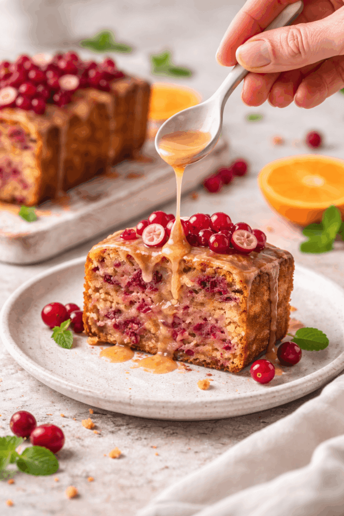 Hand träufelt frische Orangen-Glasur über ein angeschnittenes Stück zuckerfreien Cranberry-Kuchen auf hellem Teller, mit sichtbaren Cranberries und saftiger Krume, fotografiert in natürlichem Licht im RESET Ibiza Food Stil.