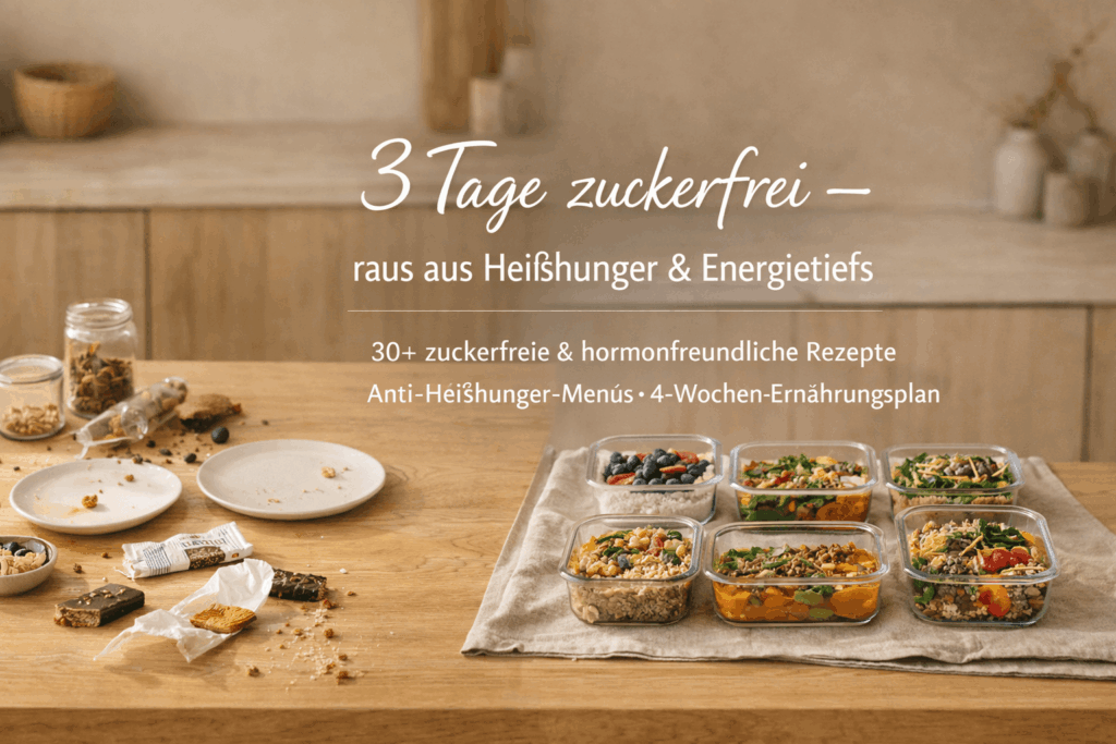Zuckerfreier Meal-Prep-Tisch mit veganen, hormonfreundlichen Gerichten: links Snack-Chaos mit Krümeln und Riegeln, rechts strukturierte Anti-Heißhunger-Menüs in Glasboxen – 3 Tage Zuckerfrei Challenge mit 30+ Rezepten und 4-Wochen-Ernährungsplan.