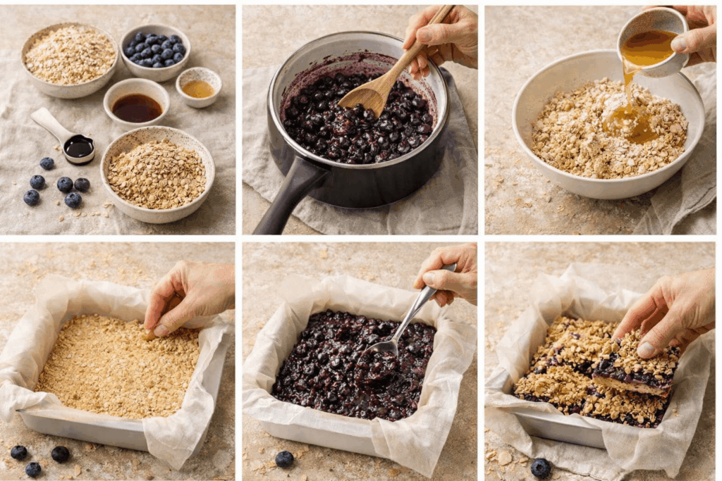 Schritt-für-Schritt Anleitung zur Zubereitung von veganen Blaubeer-Haferflockenriegeln: Zutaten vorbereiten, Blaubeeren kochen, Hafermischung herstellen, schichten und fertige Riegel schneiden.