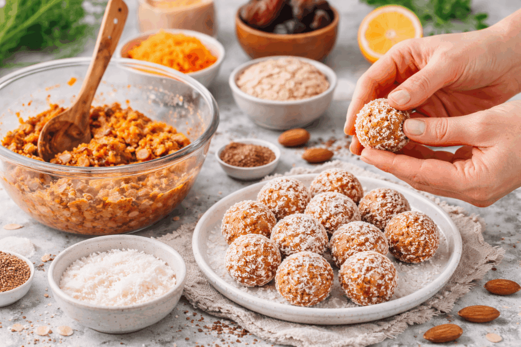 Hände formen Karotten Energy Balls aus einer Schüssel mit Bliss Ball Masse, daneben fertige Karotten Bliss Balls und Zutaten wie Datteln, Karottenraspeln, Haferflocken und Mandeln.