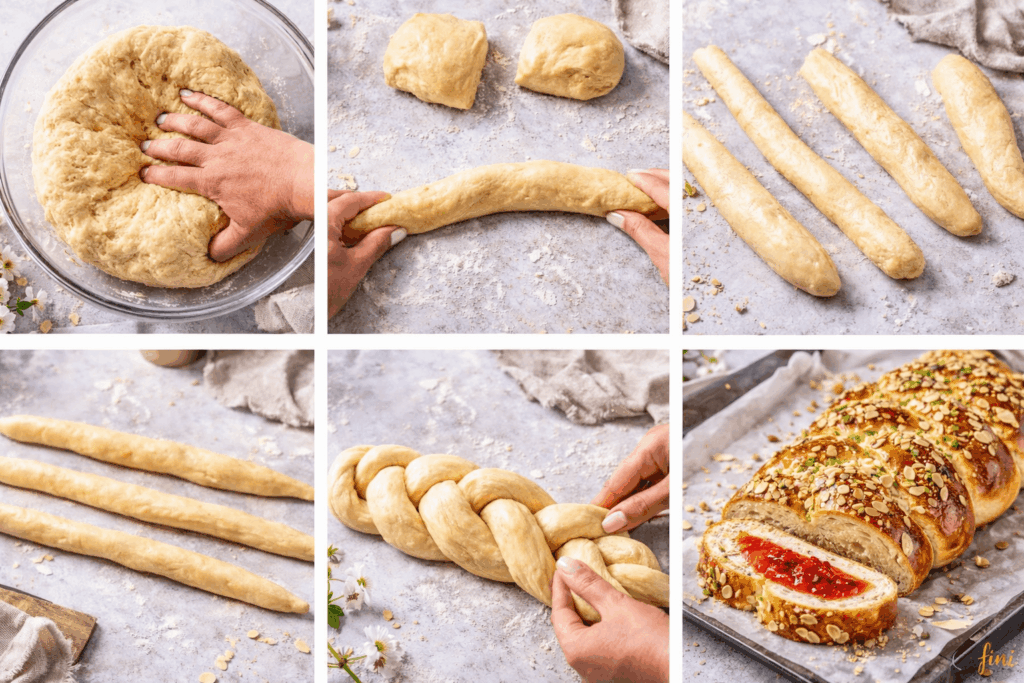 Step-by-step Anleitung für Hefezopf: Hefeteig kneten, Stränge formen, Zopf flechten und gebackenen Hefezopf zeigen.