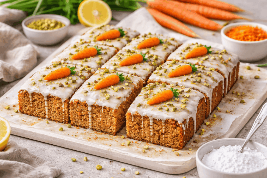 Zuckerfreier veganer Karottenkuchen vom Blech mit Zitronenglasur, Marzipankarotten und gehackten Pistazien, saftig gebacken und in Stücke geschnitten.