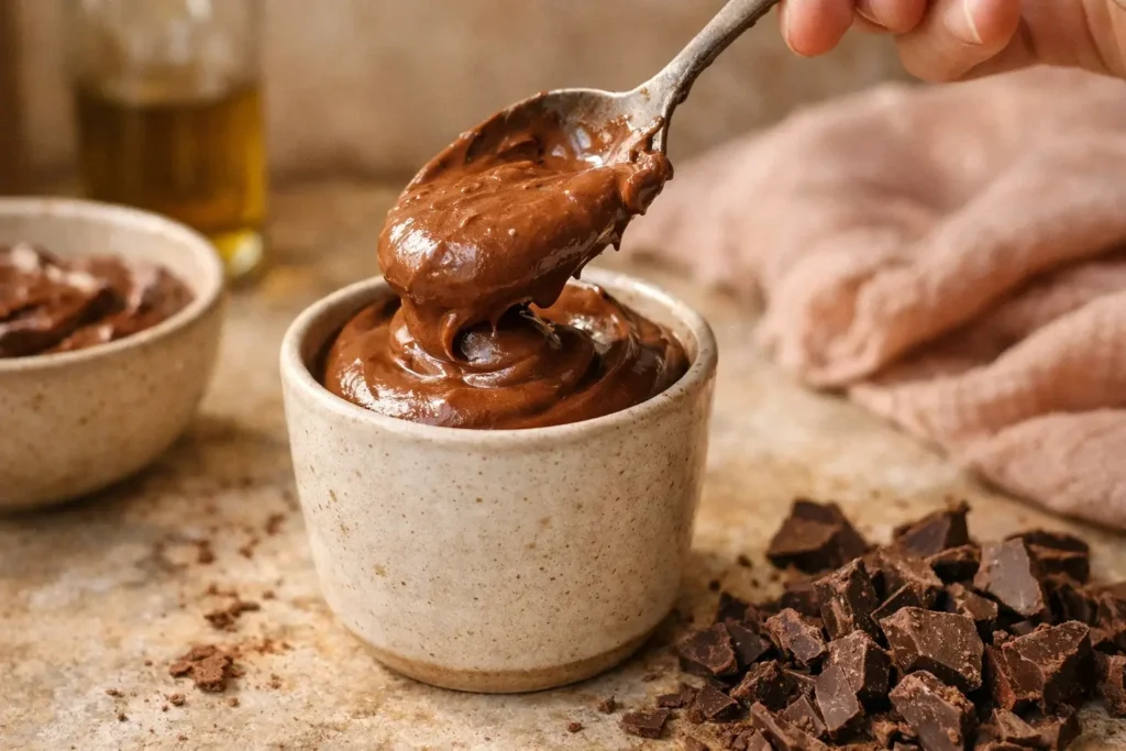 Cremige vegane Schokoladenmousse aus Seidentofu wird mit einem Löffel aus einer Keramikschale geschöpft