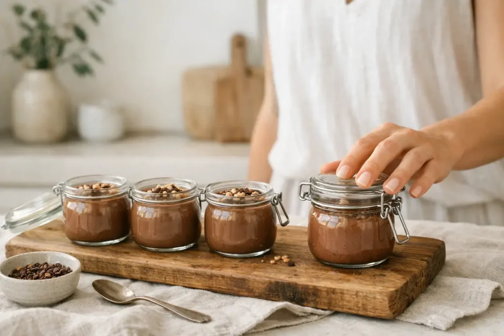 Vegane Schokoladenmousse im Glas für Meal Prep wird auf einem Holzbrett in der Küche vorbereitet