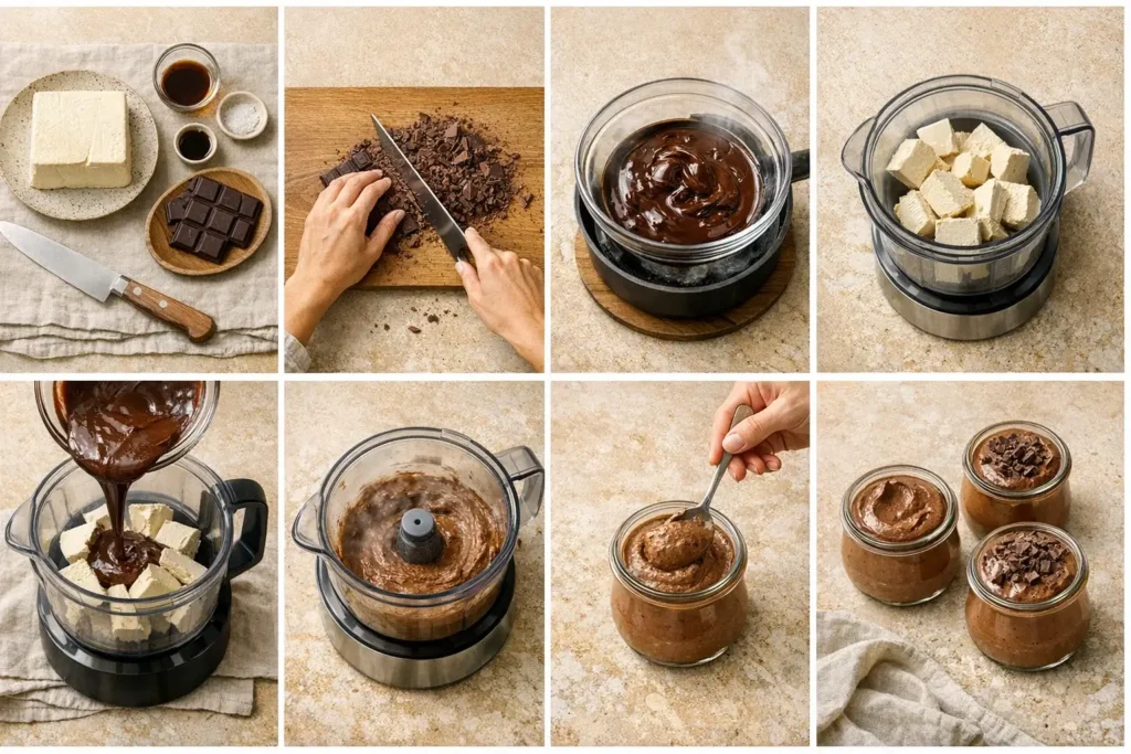 Schritt-für-Schritt Zubereitung einer veganen Schokoladenmousse mit Seidentofu und dunkler Schokolade