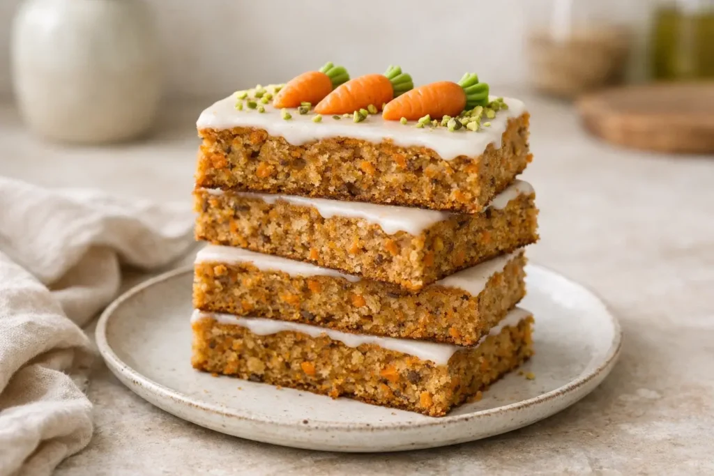 Gestapelte Stücke veganer Karottenkuchen vom Blech ohne Zucker mit Zitronenglasur, Marzipankarotten und Pistazien, saftig und frisch gebacken