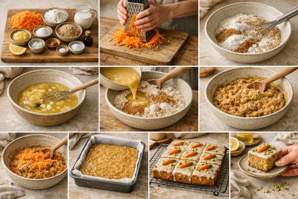 Step-by-step Zubereitung von Karottenkuchen vom Blech: veganer, zuckerfreier Rüblikuchen mit geraspelten Karotten, Teig, Backform und Zitronenglasur