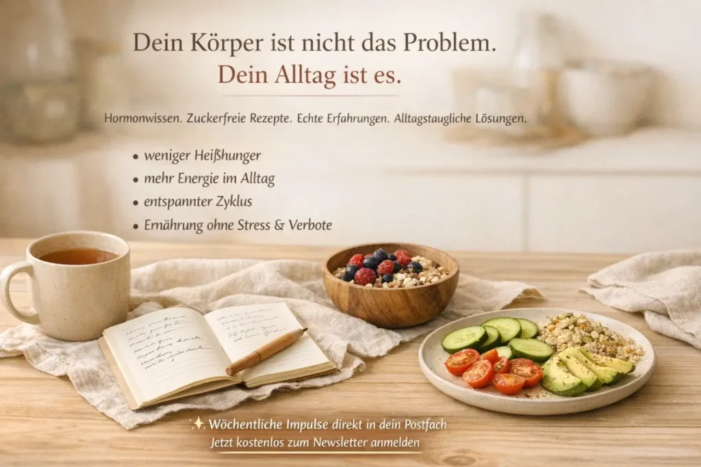 Newsletter-Grafik in warmen Naturtönen mit Frühstückstisch: Keramiktasse Tee, Notizbuch, Schüssel mit Beeren und Hafer sowie Teller mit Avocado, Gurke und Tomaten, inklusive Text über hormonfreundliche und zuckerfreie Tipps.