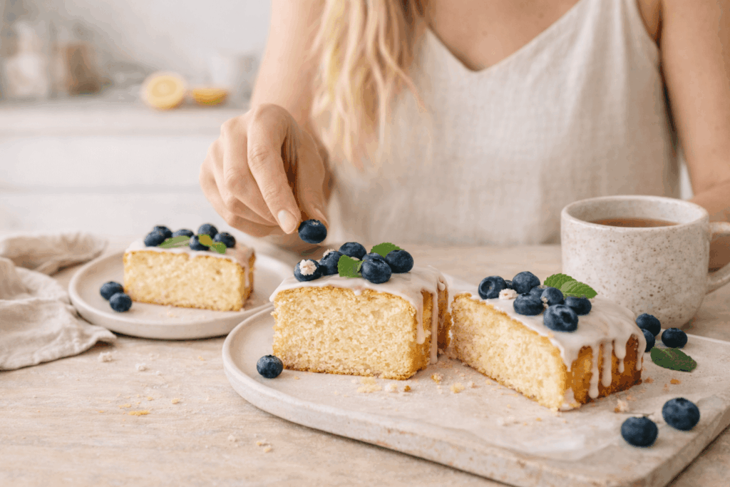 Eine Frau mit blondem Haar setzt eine Blaubeere auf ein Stück Zitronen-Rührkuchen mit Glasur. Mehrere Kuchenstücke liegen auf Keramiktellern, daneben stehen Blaubeeren, Minze und eine Tasse Tee.