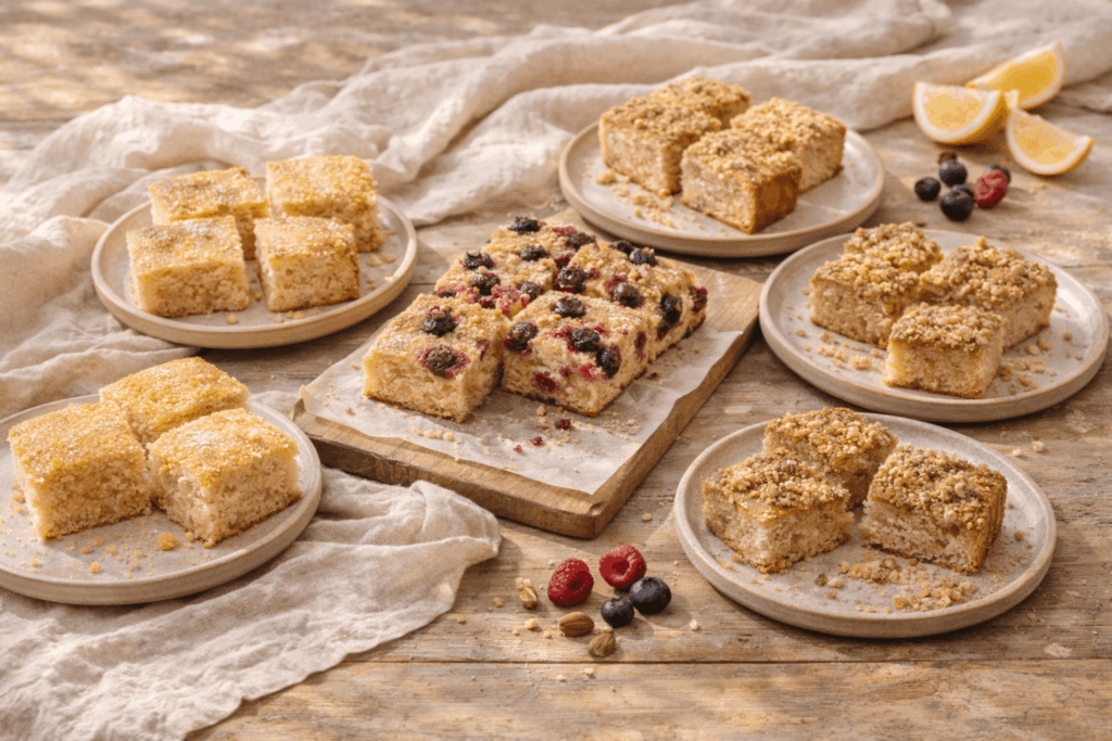 Fünf verschiedene Varianten von veganem Joghurtkuchen vom Blech ohne Zucker auf einem rustikalen Holztisch angerichtet, darunter Zitronen-Joghurtkuchen, Joghurtkuchen mit Beeren, Streuselkuchen, Protein-Variante und glutenfreie Version.