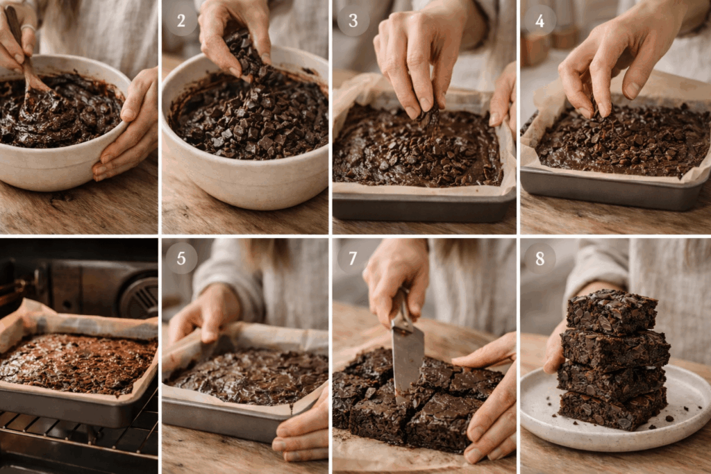 Schritt-für-Schritt Anleitung zur Zubereitung von veganen Schoko Brownies mit Rühren, Backen und Schneiden