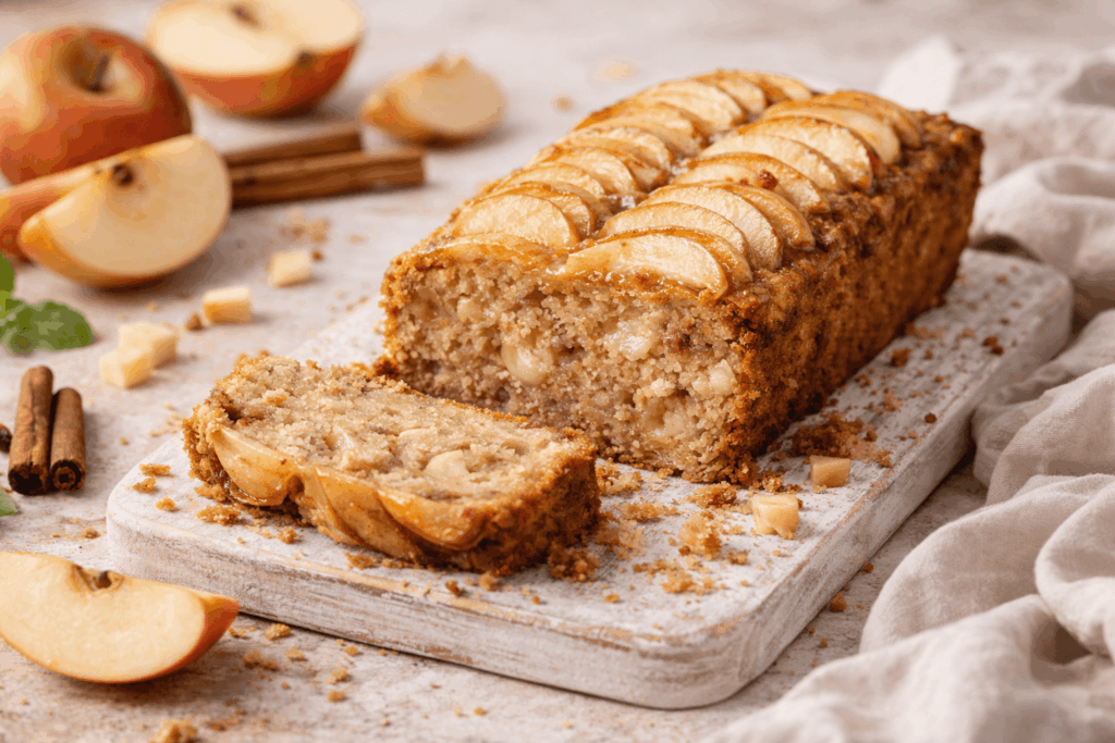 Angeschnittener veganer Apfelkuchen mit Apfelstücken im Inneren auf hellem Holzbrett, mit Apfelscheiben und Zimtstangen, Krümel auf der Oberfläche sichtbar.