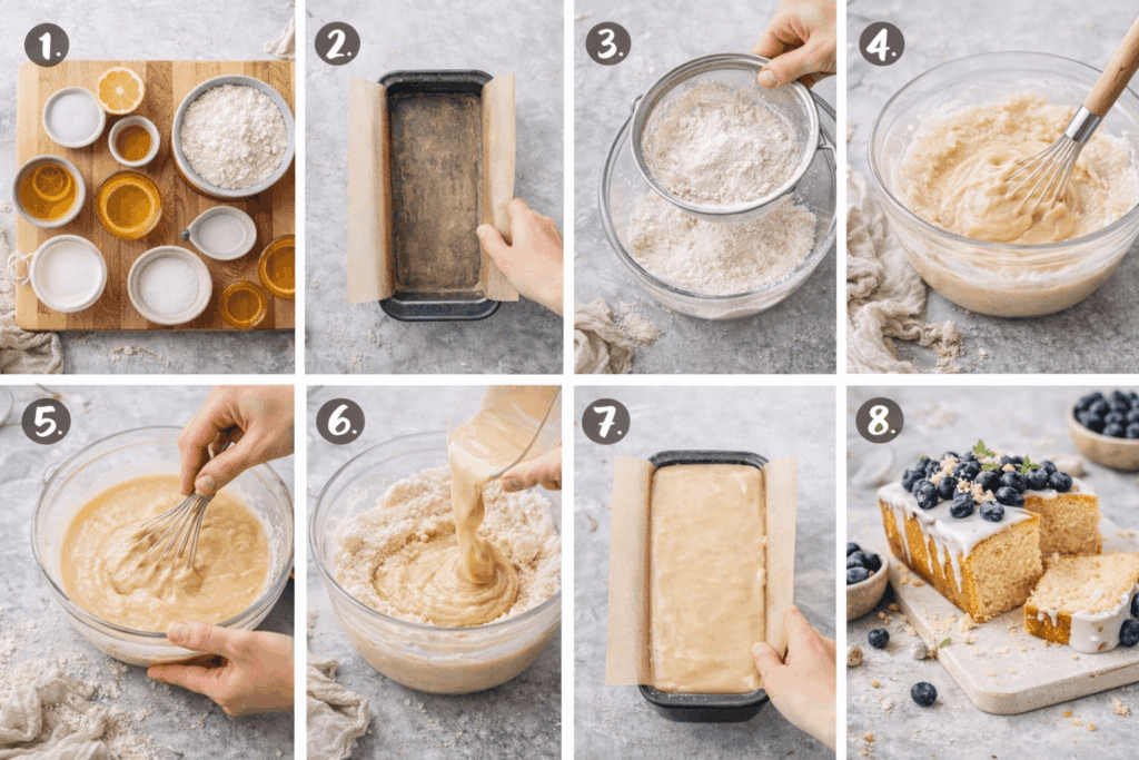 Step-by-Step Collage in acht Bildern zur Zubereitung eines Zitronen-Rührkuchens: Zutaten auf Brett, vorbereitete Kastenform, Mehl sieben, Teig rühren, Flüssigkeit einrühren, Teig einfüllen und fertiger Zitronenkuchen mit Glasur und Blaubeeren.