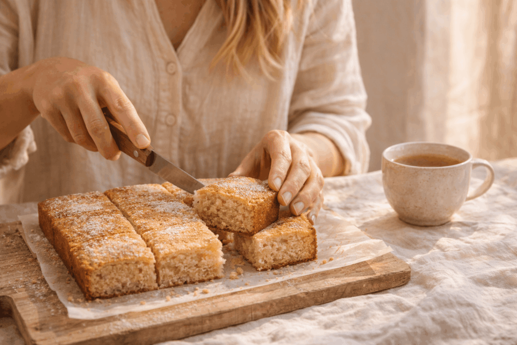 Frau schneidet ein Stück veganen Joghurtkuchen vom Blech ohne Zucker auf einem Holzbrett, neben einer Tasse Kräutertee in warmer mediterraner Küchenatmosphäre.