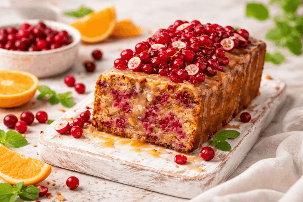 Saftiger veganer Cranberry-Rührkuchen mit Glasur und frischen Cranberries auf weißem Holzbrett, angeschnitten, mit Orangenstücken und Minzblättern im Hintergrund.