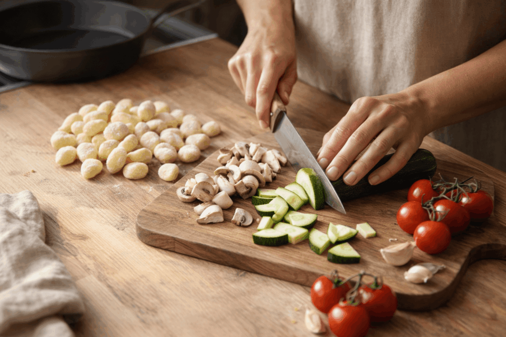 Hände schneiden Zucchini und Champignons auf einem Holzbrett, rohe Gnocchi und Kirschtomaten liegen daneben