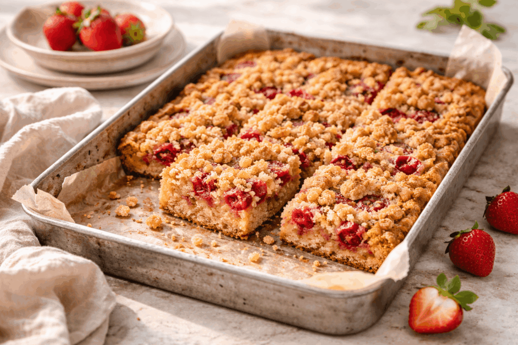 Veganer Erdbeerstreusel-Kuchen vom Blech mit goldenen Streuseln und saftigen Erdbeeren, in Stücke geschnitten, auf Backpapier in einer rechteckigen Backform.