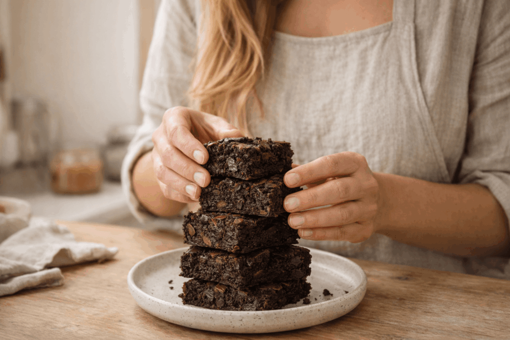 Frau mit langen blonden Haaren stapelt vegane Schoko Brownies auf einem Keramikteller in heller Küche