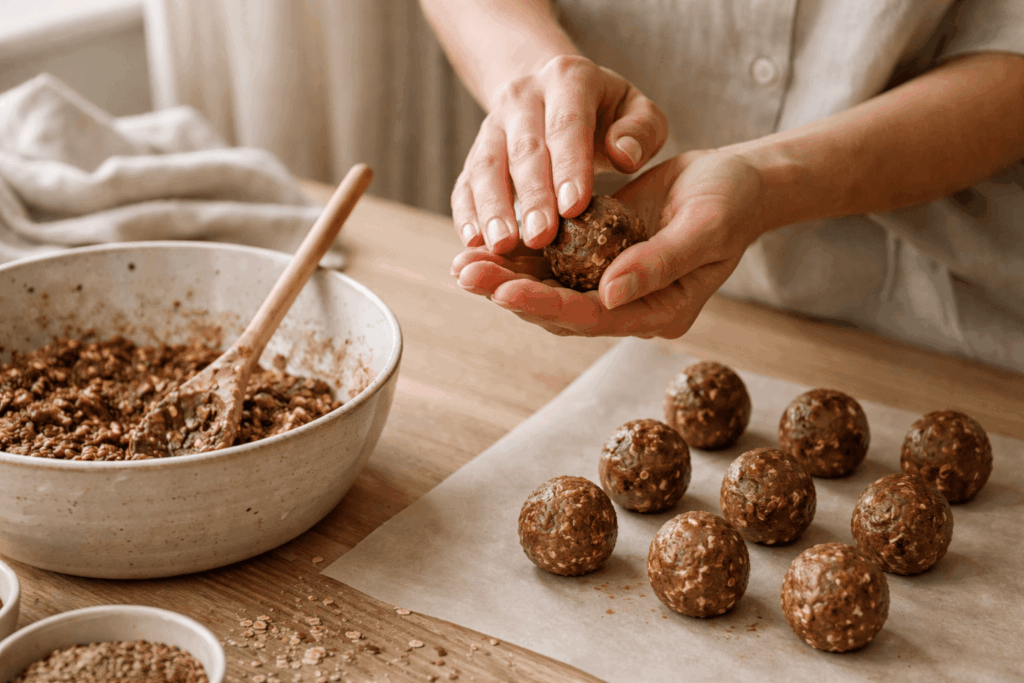 Frau rollt vegane Energiebällchen mit Haferflocken und Nussmus – zuckerfreie Snack Balls ohne Backen