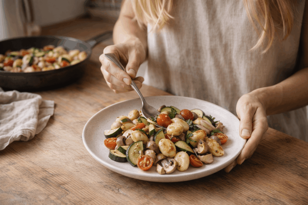 Frau richtet vegetarische Gnocchi-Gemüse-Pfanne mit Gnocchi, Zucchini, Champignons und Tomaten auf einem Teller an