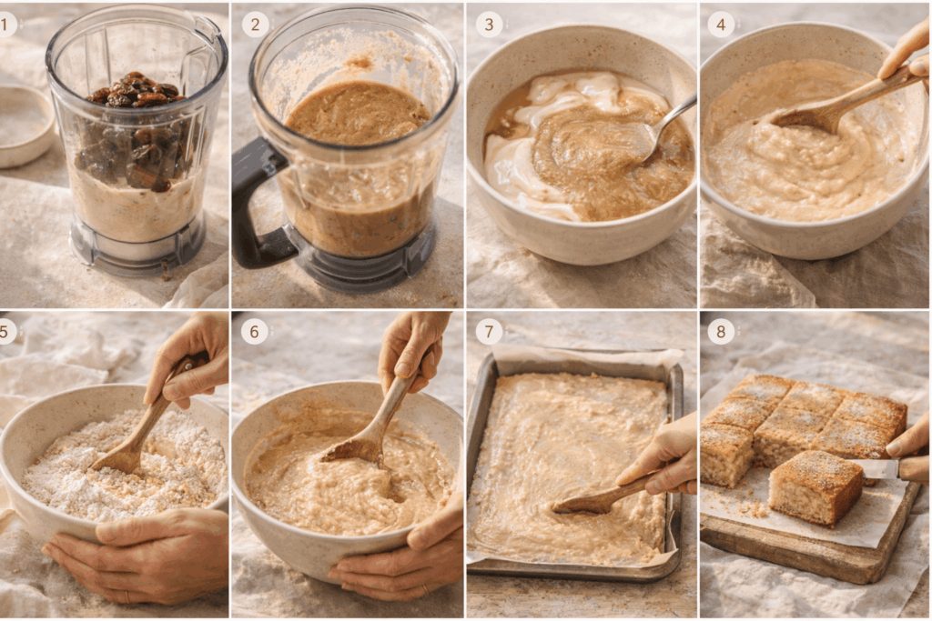 Schritt-für-Schritt Zubereitung eines veganen Joghurtkuchens vom Blech ohne Zucker mit Datteln, von der Dattelcreme über das Mischen des Teigs bis zum Backen und Schneiden in Stücke.