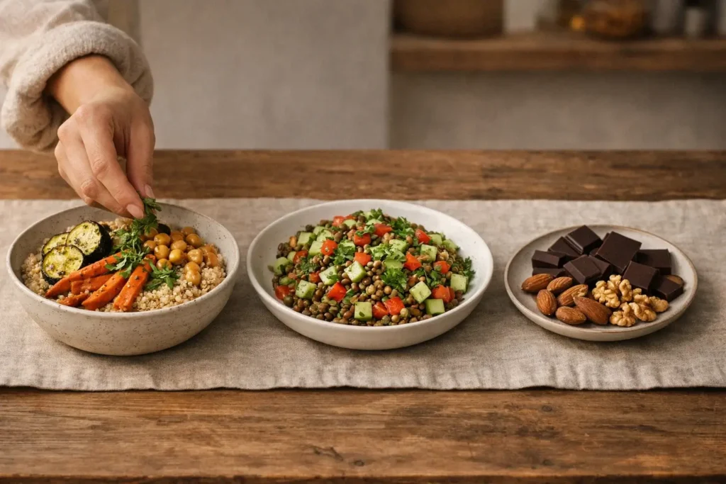 Drei ausgewogene Teller mit Quinoa und Ofengemüse, Linsensalat mit Gurke und Paprika sowie dunkler Schokolade mit Mandeln und Walnüssen auf einem Holztisch bei warmem Abendlicht