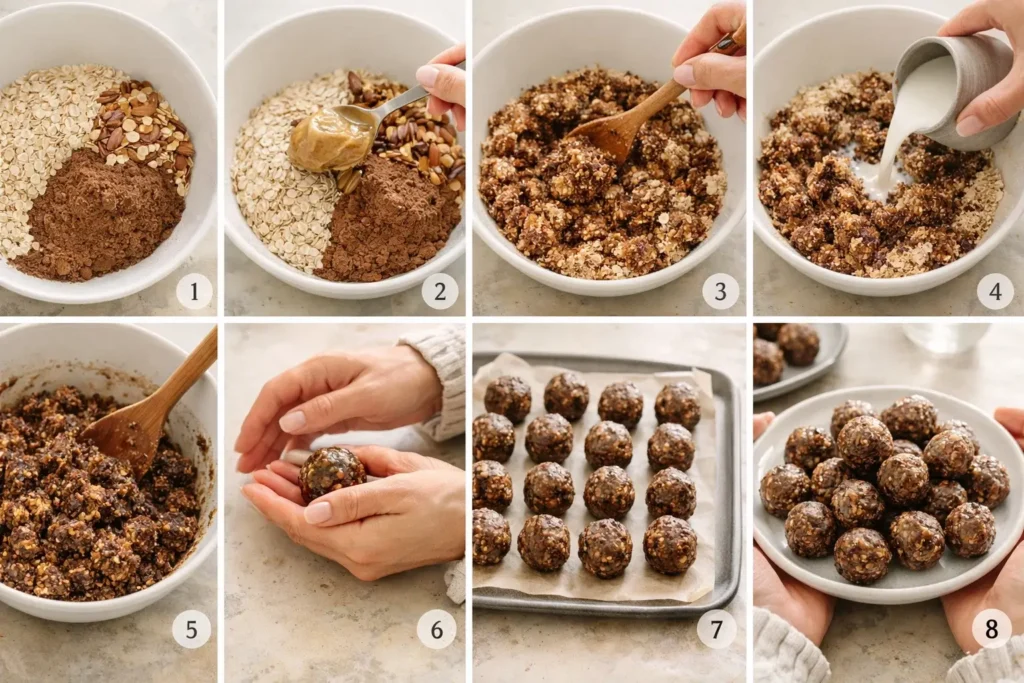 Schritt-für-Schritt Anleitung Energiekugeln Rezept mit Haferflocken – vegane Energy Balls ohne Zucker