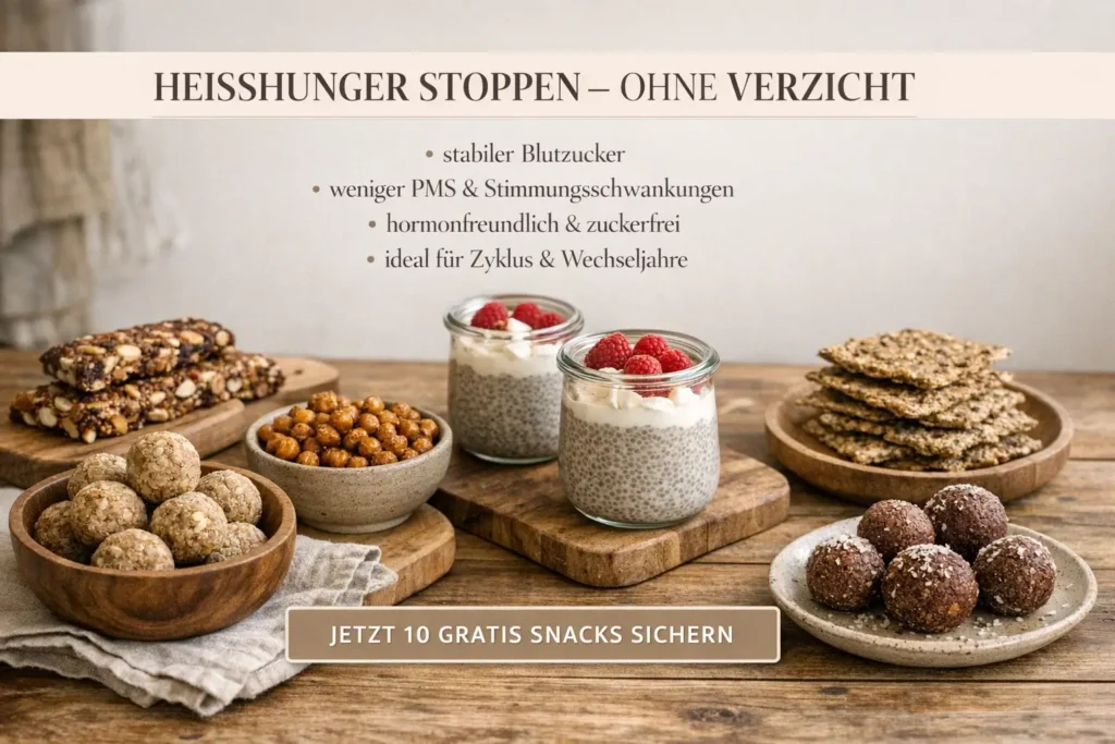 Auswahl von 10 zuckerfreien und hormonfreundlichen Snacks auf Holztisch mit Chia Pudding, Energiekugeln, Nussriegeln und Seed Crackern sowie Text „Heißhunger stoppen – ohne Verzicht“.