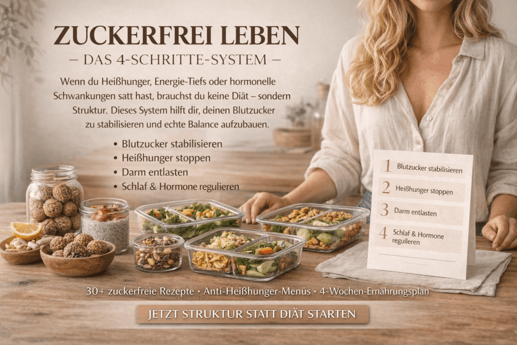Frau mit langen blonden Haaren im Leinenoberteil steht in heller Küche vor veganen Meal-Prep-Boxen, zuckerfreien Snacks und einem 4-Schritte-Plan „Zuckerfrei leben – das 4-Schritte-System“ zur Stabilisierung des Blutzuckers.