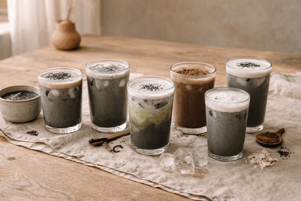 Sieben Schwarzer Sesam Latte Varianten auf Holztisch mit Eiswürfeln, Matcha, Kakao, Kokos und Vanille Zutaten.