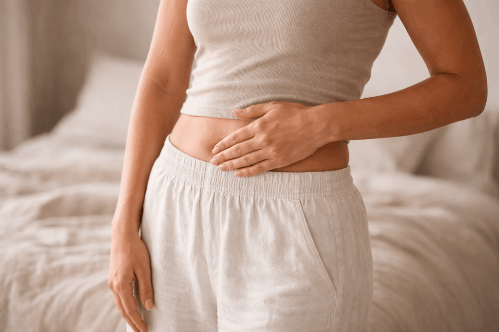 Nahaufnahme des weiblichen Oberkörpers mit Hand auf dem unteren Bauch, beige Leinenhose und weiches Tageslicht im Hintergrund.