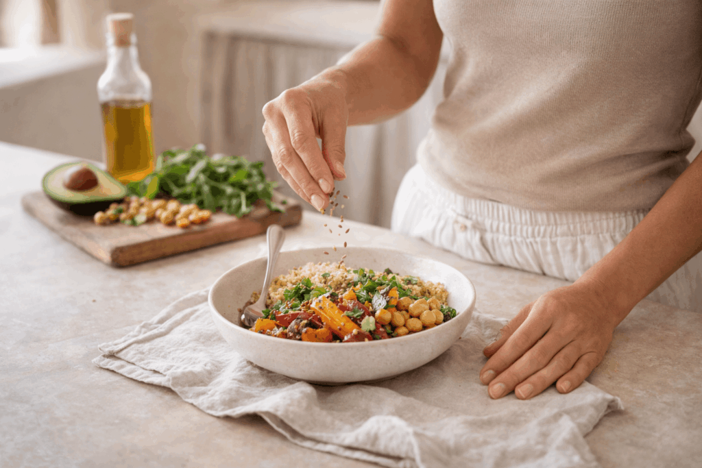 Frau streut Samen über eine Bowl mit Quinoa, geröstetem Gemüse und Kichererbsen auf einer hellen Steinoberfläche, Avocado und Olivenöl im Hintergrund.