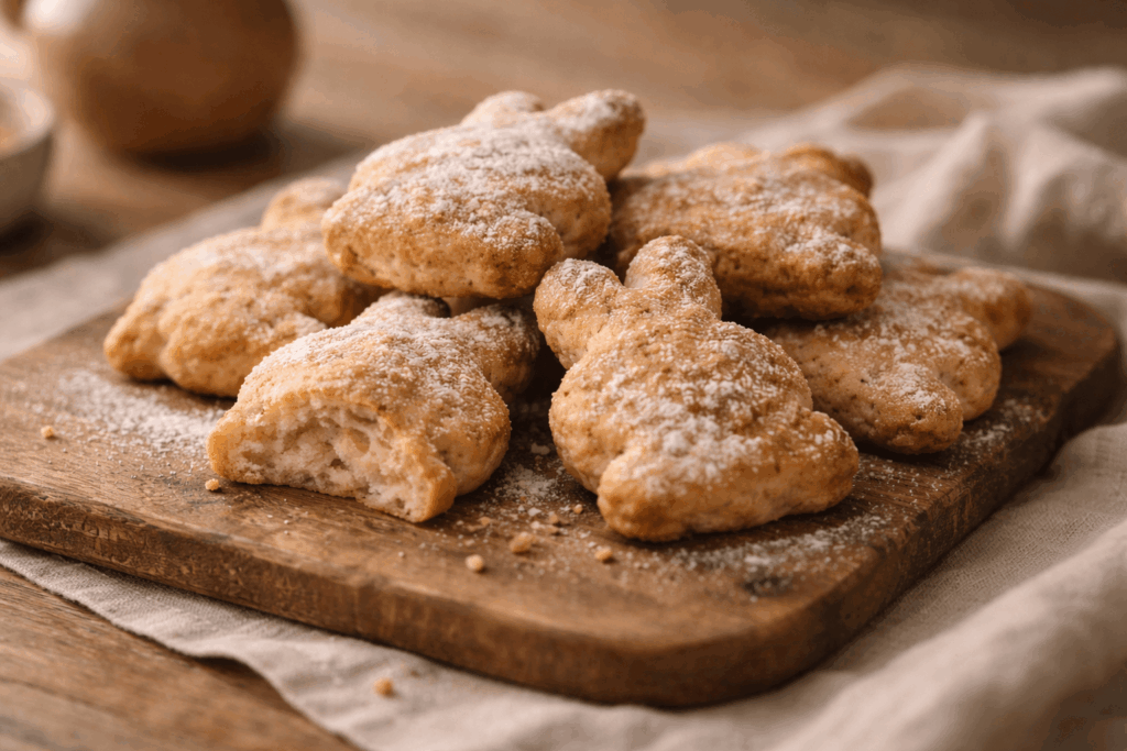 Gestapelte vegane Quarkhasen ohne Ei und ohne Zucker auf Holzbrett – Quarkhasen einfach backen wie vom Bäcker