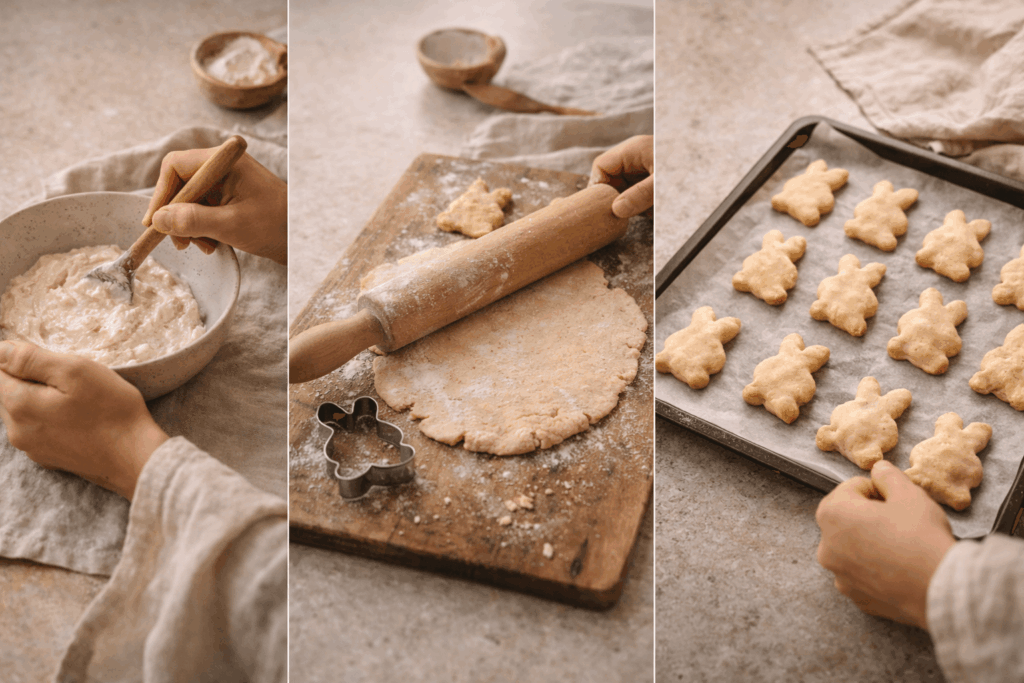 Schritt für Schritt Anleitung für vegane Quarkhasen Rezept einfach backen – Teig rühren, ausrollen und Hasen ausstechen