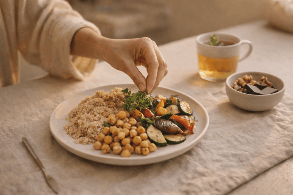 Hormonfreundliche Ernährung in den Wechseljahren mit Quinoa, Kichererbsen, Ofengemüse, Nüssen und Kräutertee