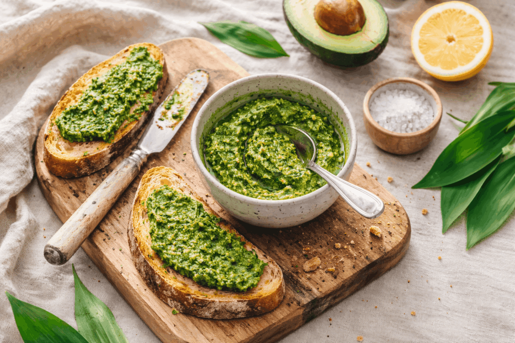 Zwei Scheiben geröstetes Brot mit grünem Bärlauchpesto auf einem Holzbrett, daneben eine Schüssel mit Pesto, Avocado, Zitrone und Salz