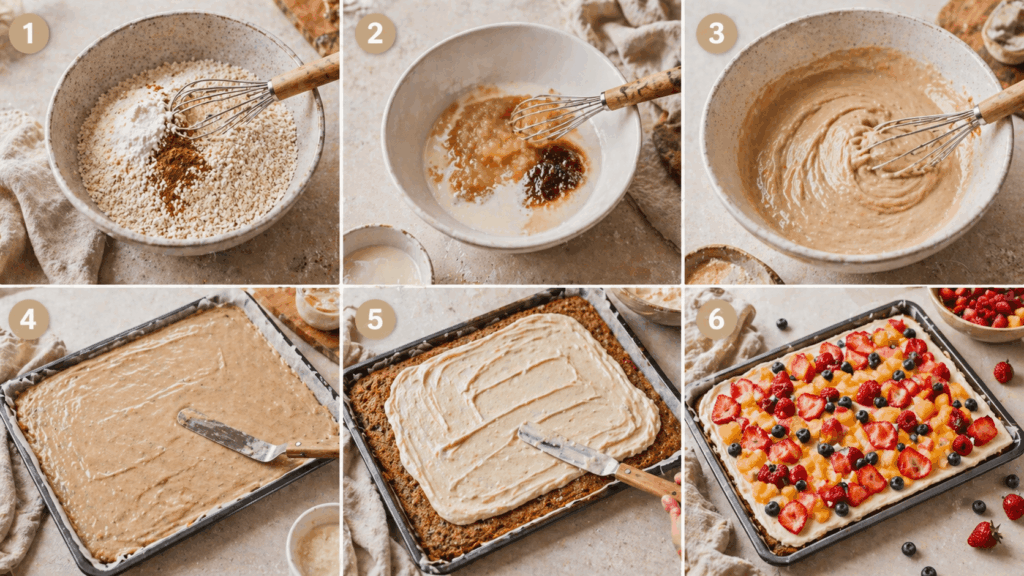 Schritt für Schritt Anleitung für veganen Obstkuchen ohne Zucker mit Teig, Creme und frischem Obst
