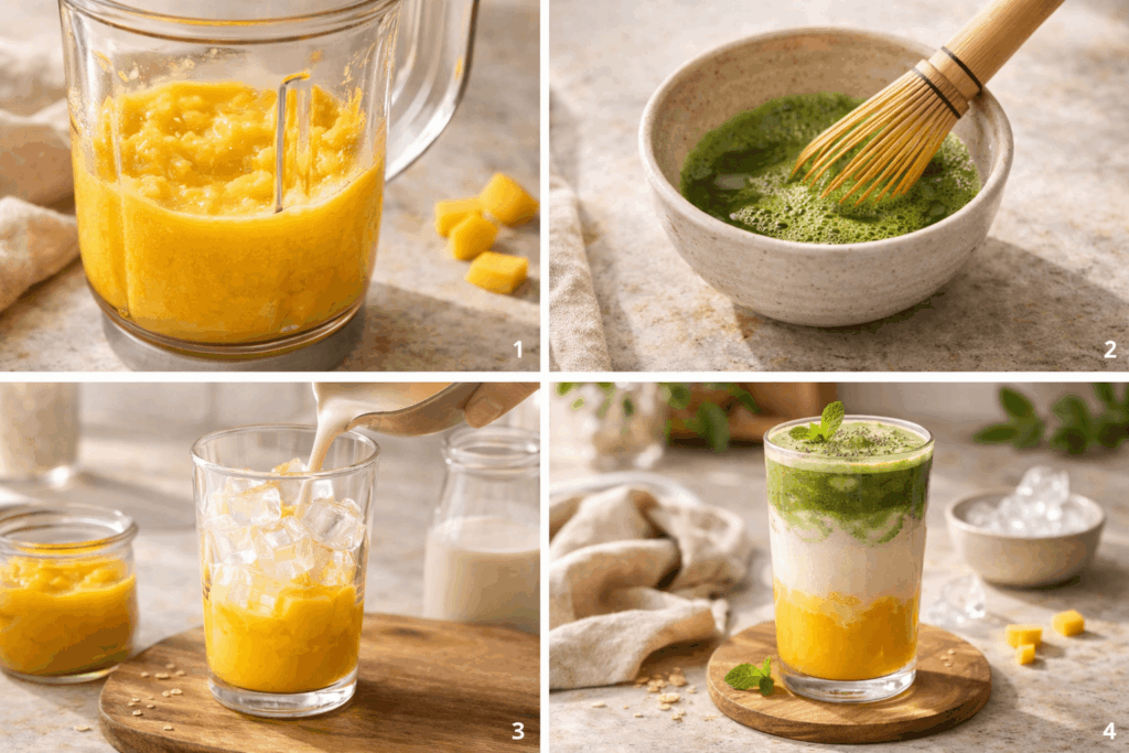 Mango Matcha Latte Rezept Schritt für Schritt mit Mango pürieren, Matcha zubereiten und Drink schichten