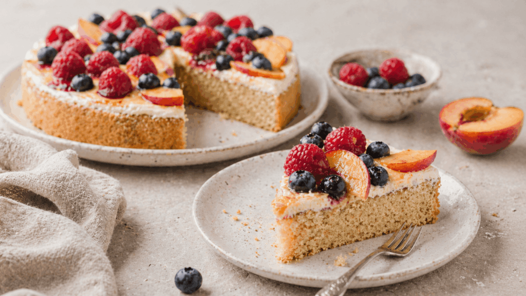 Veganer Obstkuchen ohne Zucker auf Teller serviert mit frischen Beeren und Früchten, ein Stück angeschnitten