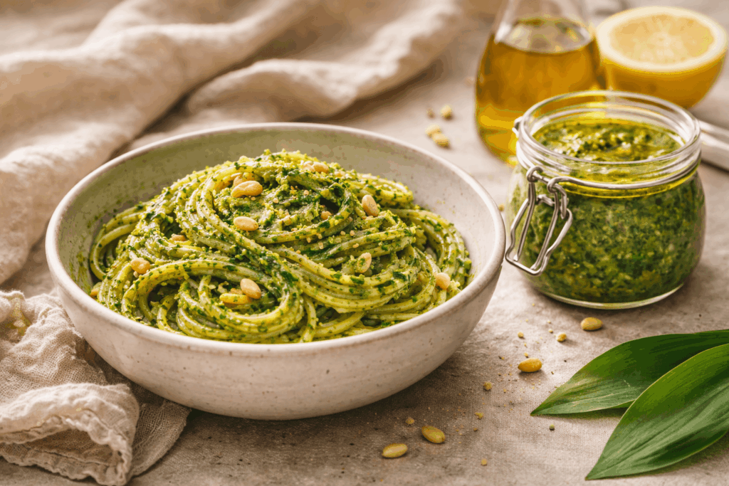 Schüssel mit Pasta und Bärlauchpesto, daneben ein Glas mit Pesto, Olivenöl und Zitrone auf einem Tisch
