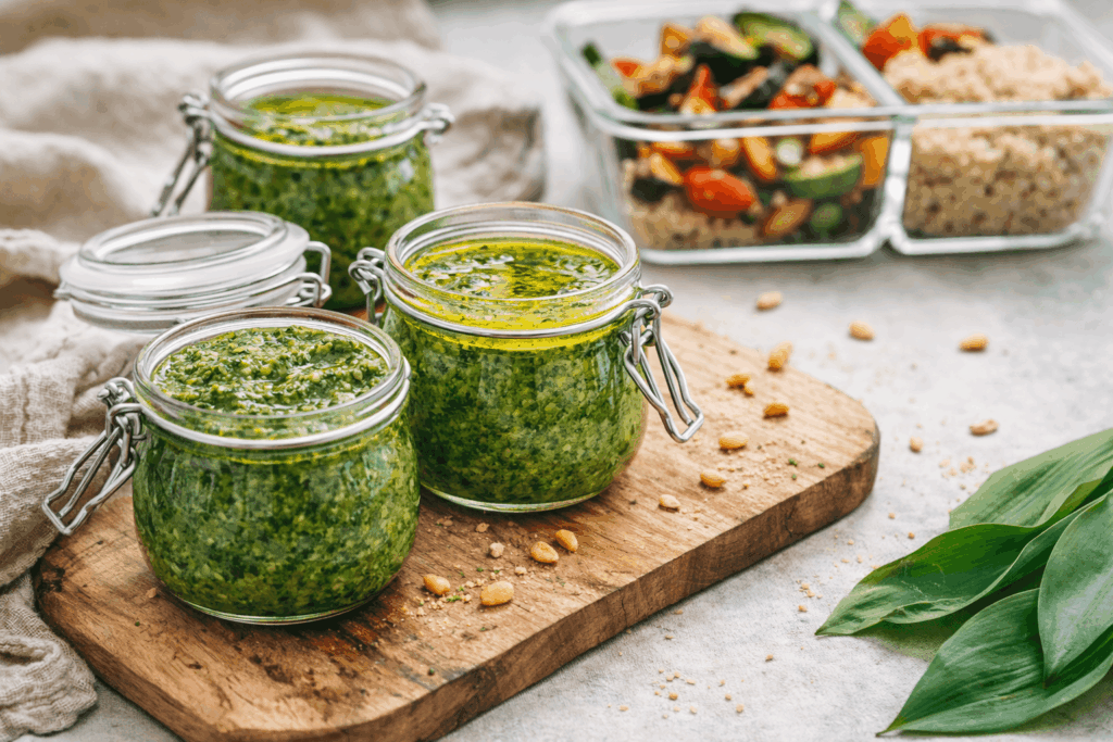 Drei Glasbehälter mit Bärlauchpesto auf einem Holzbrett, im Hintergrund Meal Prep Boxen mit Gemüse und Quinoa