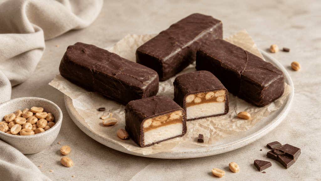 Vegane Snickers-Eisriegel mit Schokoladenhülle, Karamellschicht und Erdnüssen sind dekorativ angerichtet, daneben ein cremiges Karamell-Element.