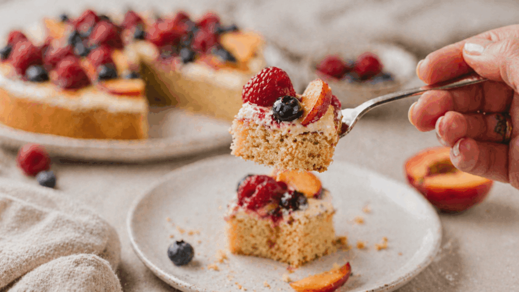 Veganer Obstkuchen ohne Zucker auf Teller serviert mit frischen Beeren und Früchten, ein Stück angeschnitten