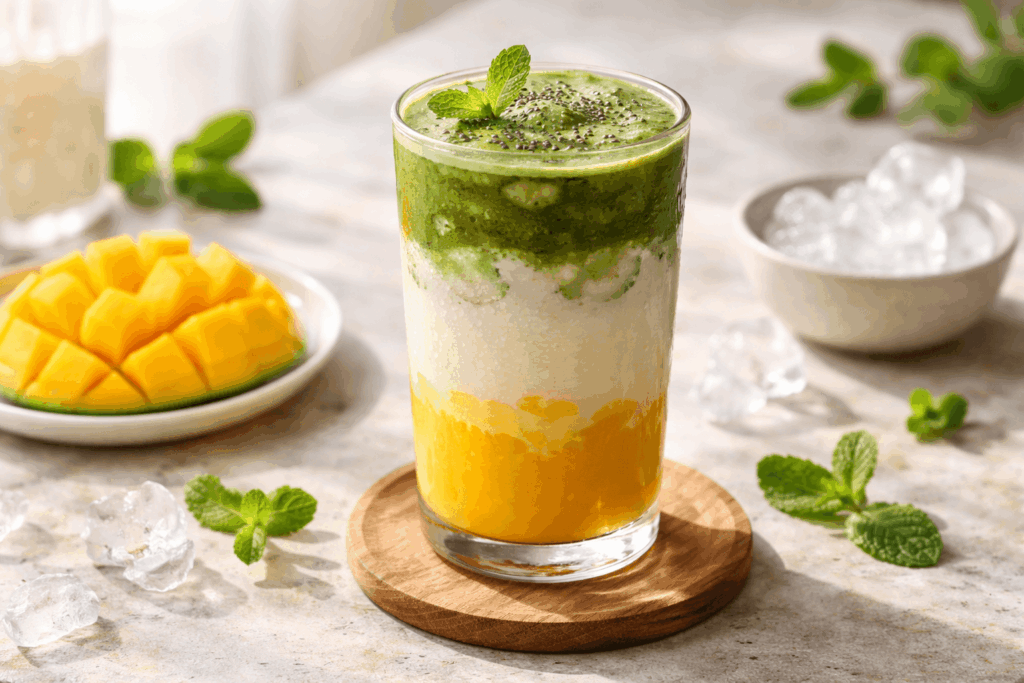 Iced Mango Matcha Latte Rezept ohne Zucker mit Mango, Pflanzenmilch und Matcha in Schichten im Glas
