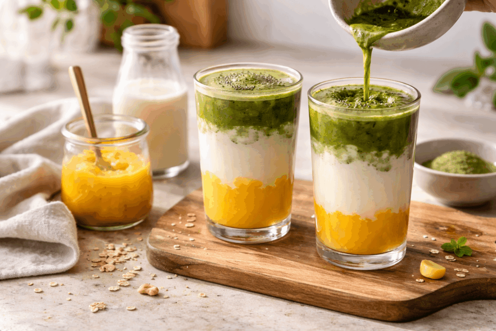 Mango Matcha Latte selber machen mit frischer Mango, Pflanzenmilch und Matcha Schritt für Schritt