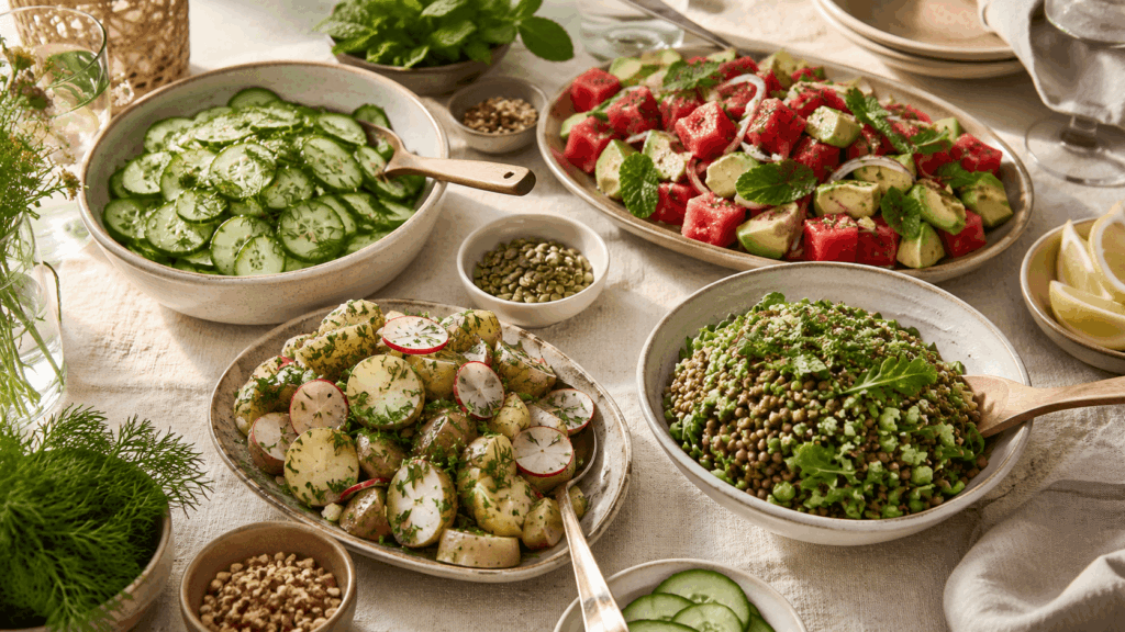 Drei gesunde Salate mit Nudeln, Brokkoli und Bohnen stehen auf einem rustikalen Holztisch mit Avocado, Radieschen und Zitrone.