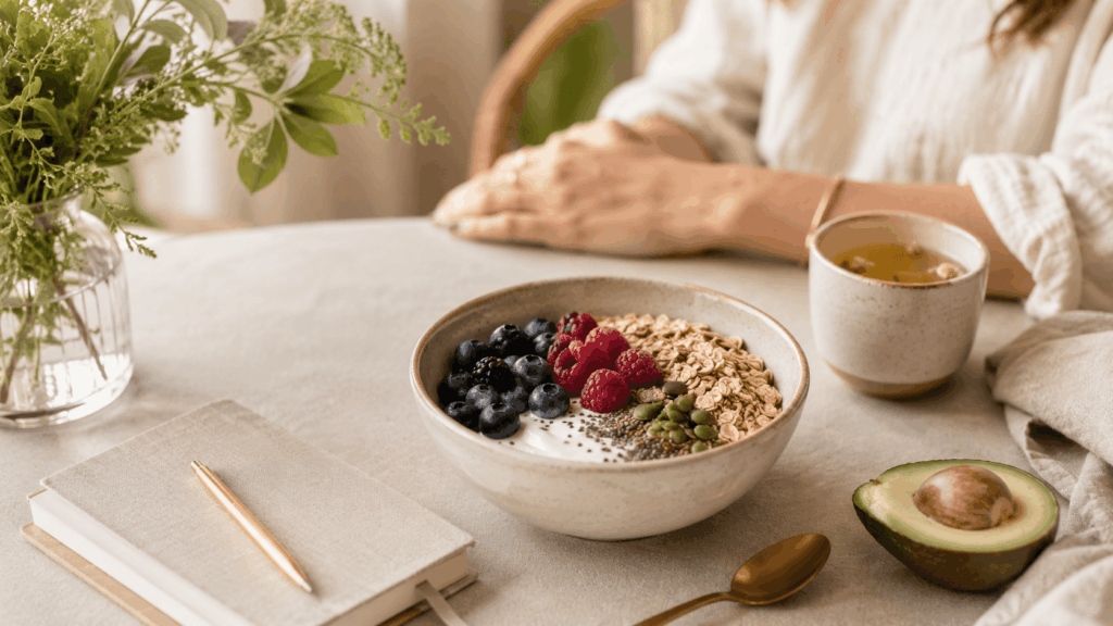 Frühstücksschale mit Beeren, Haferflocken, Samen und Joghurt neben Avocado, Tee und Notizbuch.