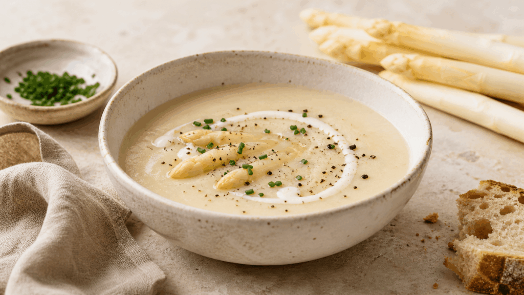 Vegane Spargelcremesuppe aus Schalen mit weißem Spargel, Schnittlauch, pflanzlicher Sahne und Brot