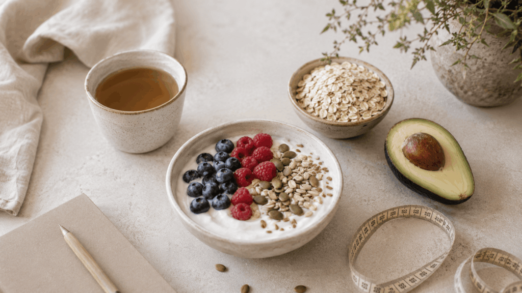Schüssel mit Joghurt, Beeren, Haferflocken, Kernen und Avocado auf heller Steinfläche neben Tee und Maßband.