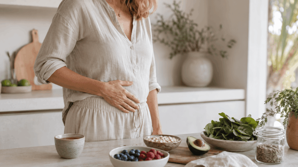 Frau steht in heller Küche mit einer Hand auf dem Bauch, daneben liegen Beeren, Avocado, Haferflocken und grüne Lebensmittel.